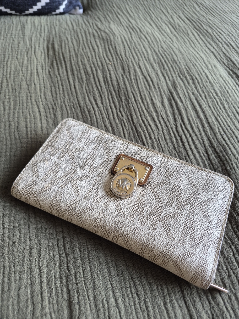 Michael Kors Cream Logo Continental Zip Wallet with Gold Hardware